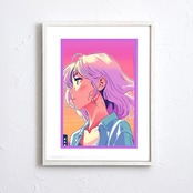 夕焼けグラデーションに佇む横顔アートポスター『Afterglow』｜ラベンダーヘアが映えるエモーショナルな一：｜A4ポスター