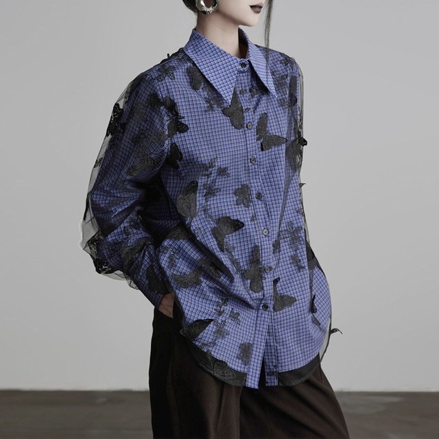 Butterfly motif lace layered design shirt C1042