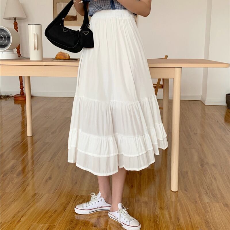 Aラインスカート サマー薄手ハイウェストウェストホワイト 大人ガーリー スウィート キュート カジュアル 夏物 YY-ファッション67312747859