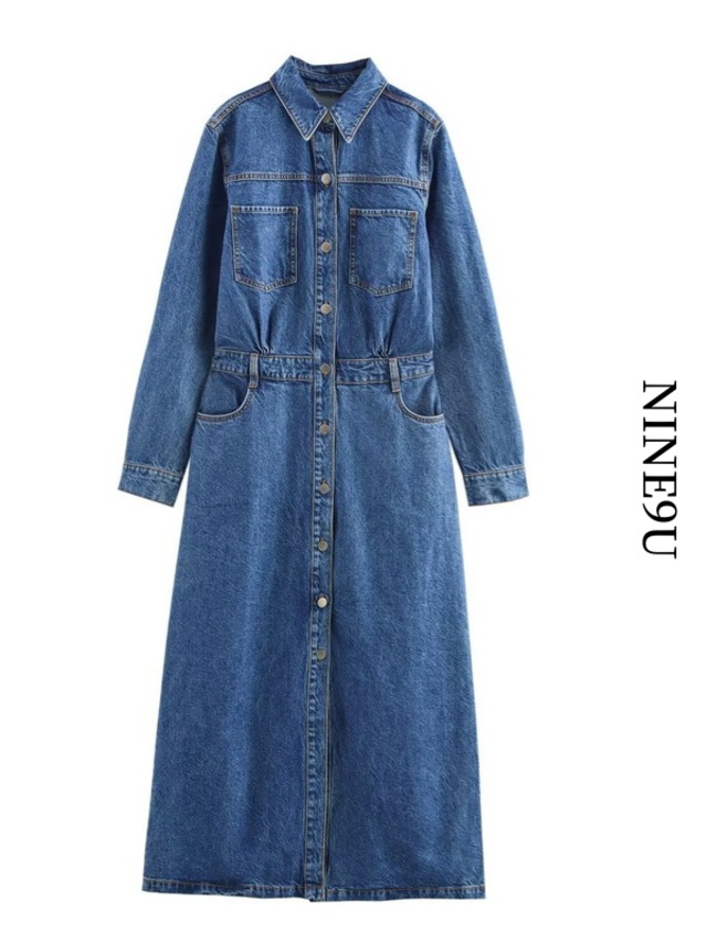 denim long basic one-piece【NINE9798】