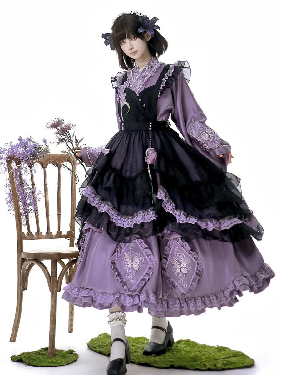 紫蝶の夢想 バタフライ刺繍 和風ロリィタワンピースV05090