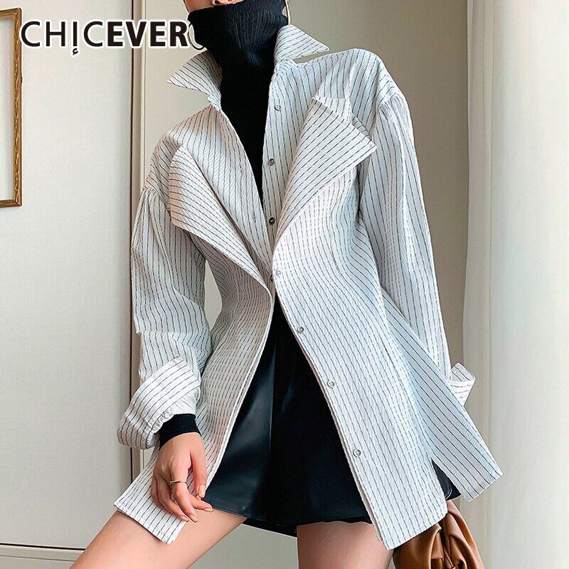 CHICEVER気質ストライプブラウス女性スタンドカラー長袖ウエストパッチワークブラウス2020タイド ロング 6base536263466194