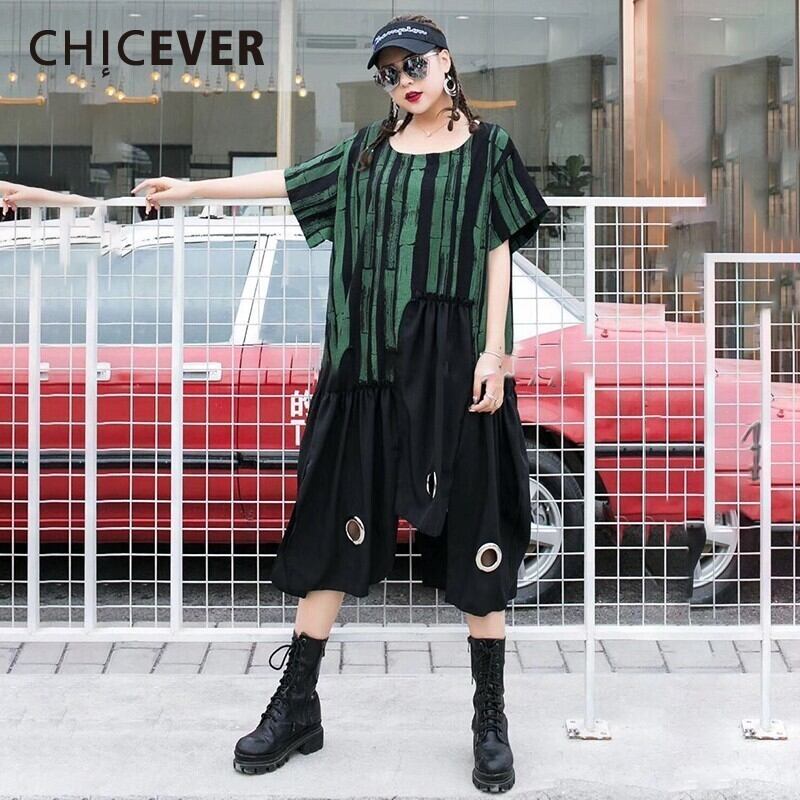 CHICEVERスプリングヒットカラープリントドレスレディースOネック半袖不規則な裾パッチワークスパンコールミッドカーフレディース ショート ハーフスリーブ 春物 6base588384958800