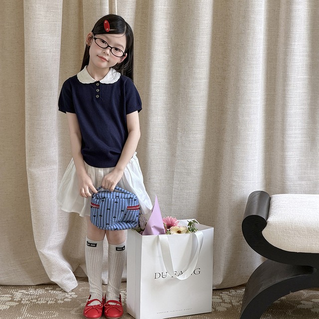 【KID】バイカラー襟付き半袖サマーニットトップス - 6