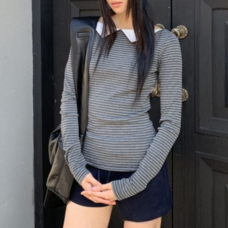 Striped contrast-collar tee 00554