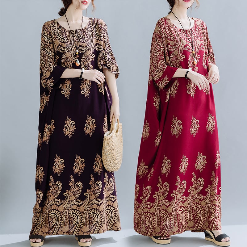 民族衣装風ドレス ドレス ロングドレス ワンピースドレス ワンピドレス ロング ロング丈 袖あり 半袖 ラウンドネック Aライン かわいい 大人可愛い カジュアル おしゃれ お洒落 レトロ 存在感 リーフ柄 20代 レディース 女性用 デート お出かけ 女子会 お泊まり 休日 ファッション スタイル 体系カバー インスタ映え 秋 サイズ L 大きい 大きめ 赤 レッド 紫 パープル