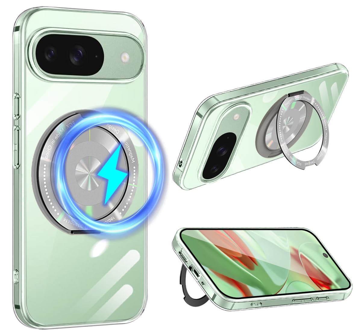 Google Pixel 9 ケース クリア 360°回転スタンド MagSafe対応 ワイアレス充電対応 耐衝撃 ピクセル 9 カバー 軽量 薄型 人気 Pixel9 スマホケース 透明 TPU + PC 車載ホルダー対応 (クリア)