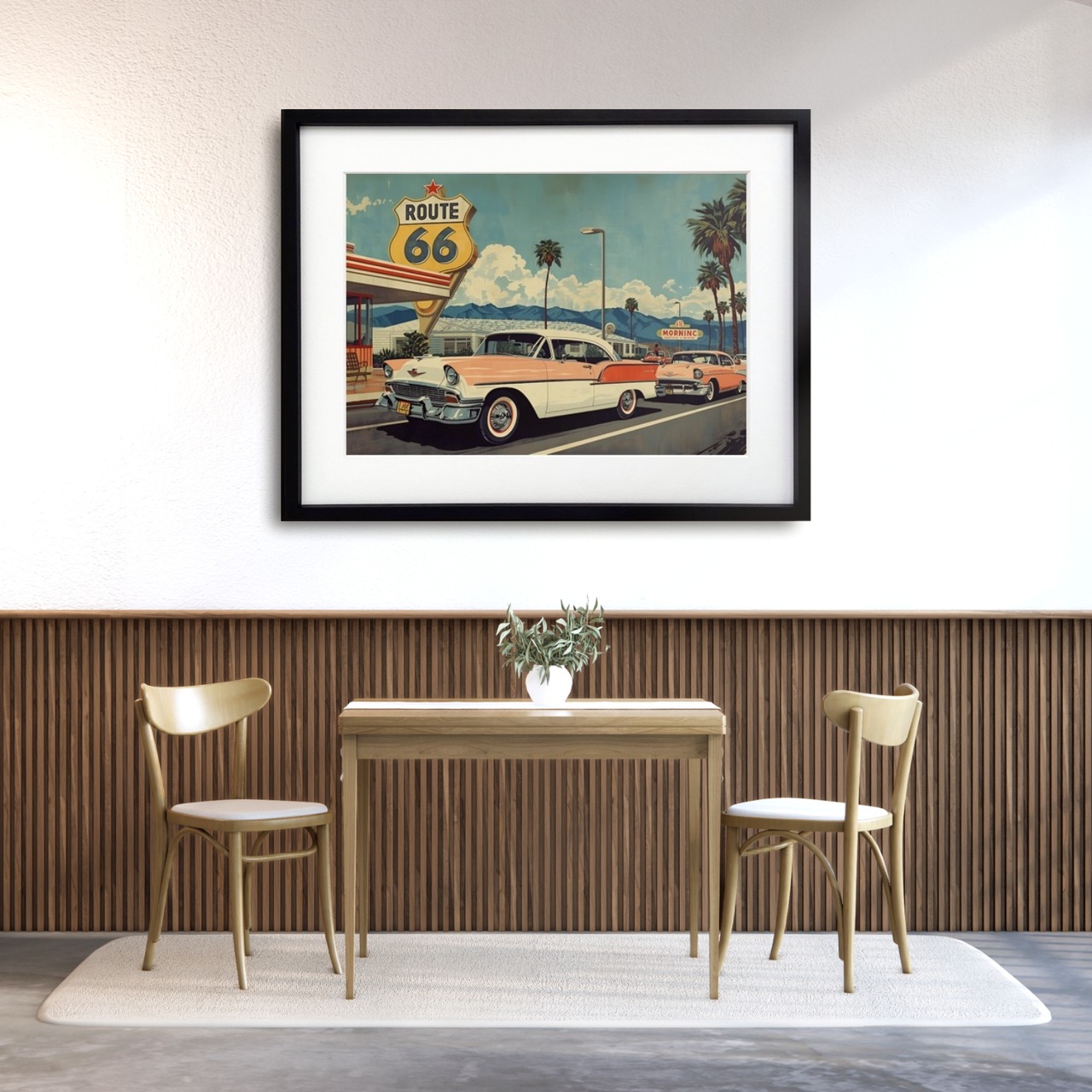 Route 66 Nostalgia｜クラシックカーが走るアメリカンハイウェイを描いたポスター｜懐かしさと自由が響くヴィンテージインテリアA2ポスター