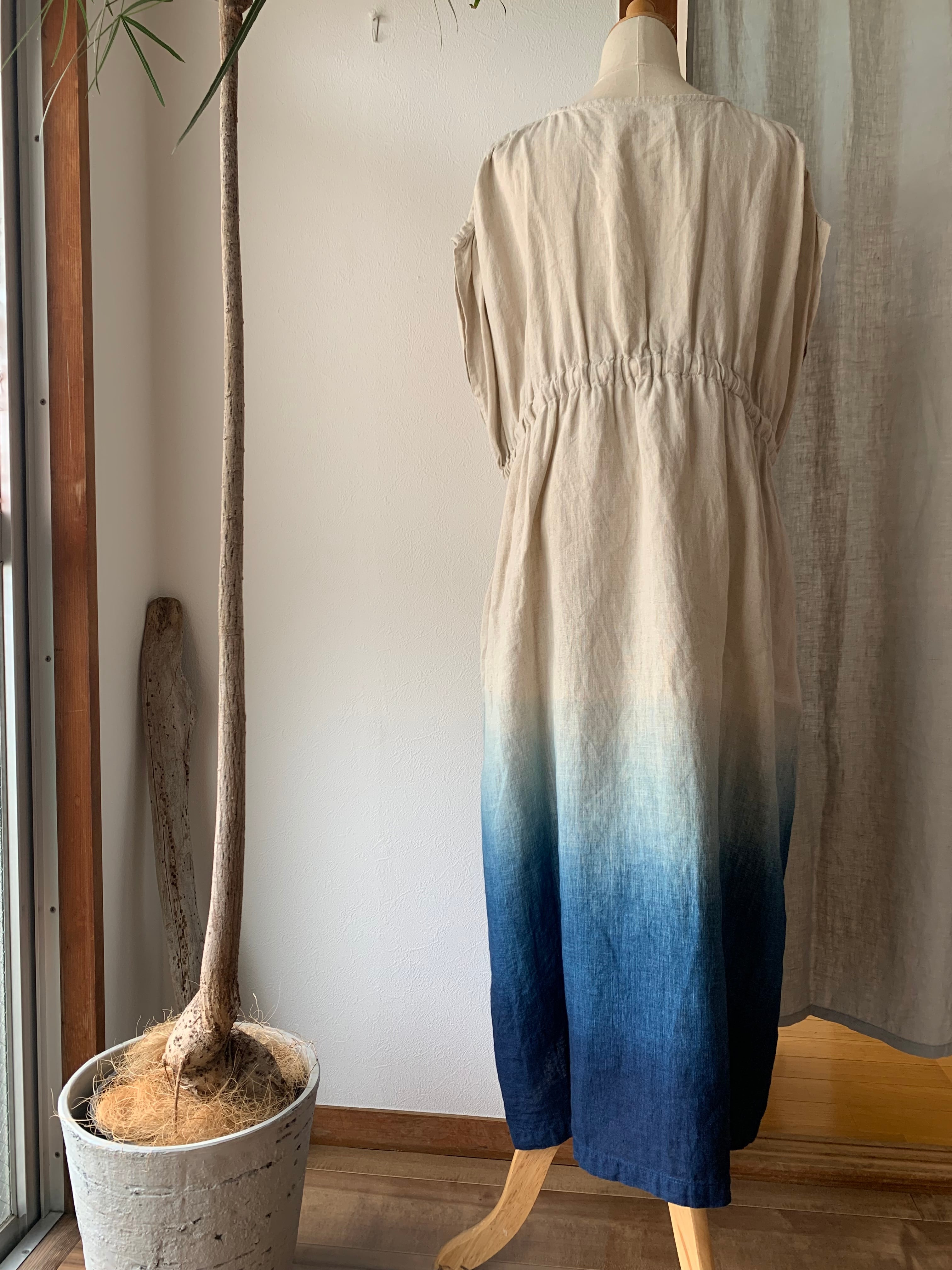 専用★YAECA コットンギャザーカシュクール ラップドレス　リネン100 YAECA khadi ｜ラップギャザードレス 琉球藍 | 御茶屋跡