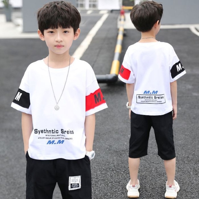 【子供服】Tシャツ　男の子　半袖　Ｔシャツ子供　セットアップ　韓国　120　130　140　150　160　赤　白　青　レッド　ホワイト　ブルー