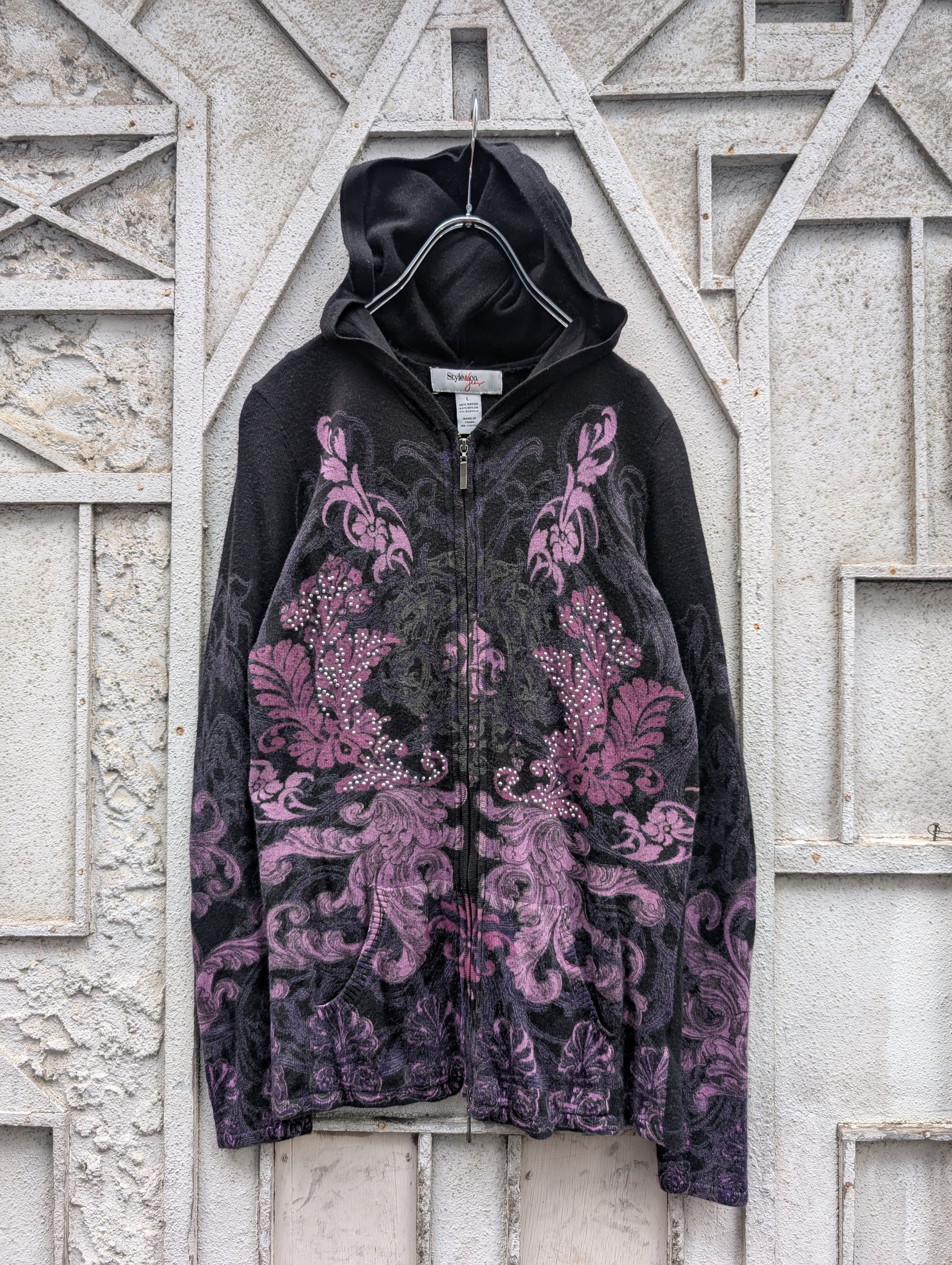 "GRUNGE" rhinestone zip up hoodie