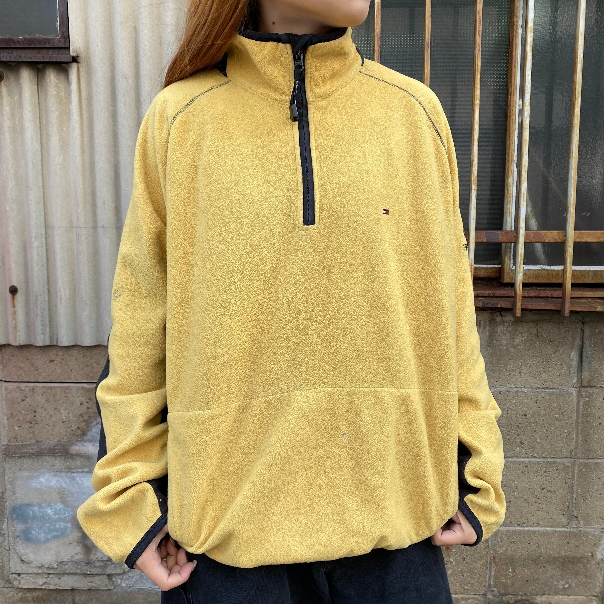 TOMMY HILFIGER トミーヒルフィガー ハーフジップ フリースジャケット メンズL 古着 イエロー 黄色 ワンポイントロゴ刺繍 ...