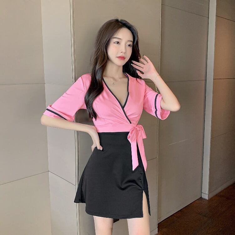 【新作】【送料無料】 2023 夏日本と韓国語バージョンのセクシーなストラップウエストコントラストステッチ半袖 A ラインスカートナイトクラブフットバスワークウェア 6076 0157573175491