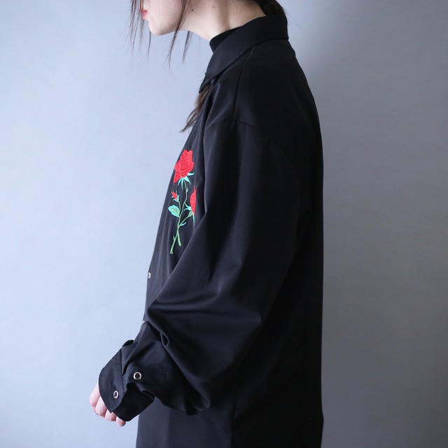 "刺繍×薔薇" one point design loose silhouette black mode shirt