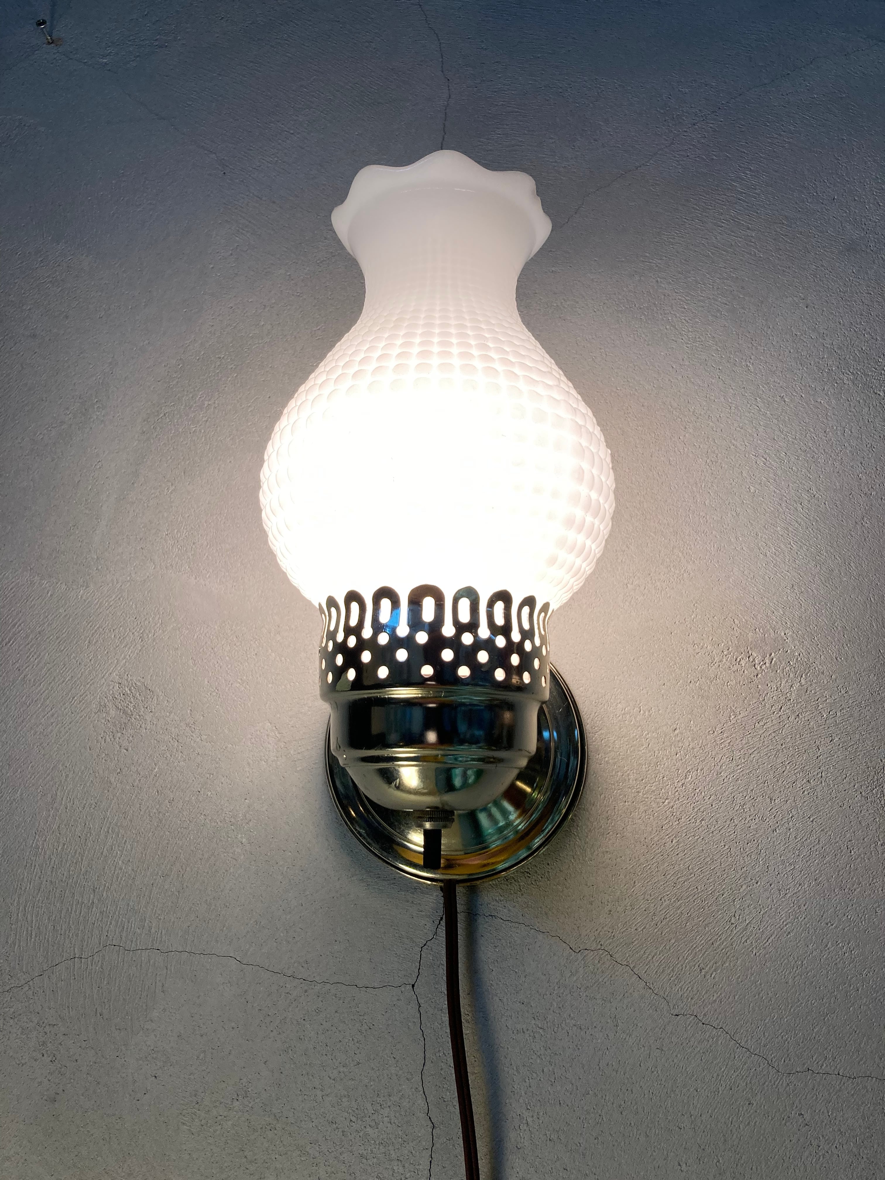 VINTAGE HOBNAIL MILK GLASS WALL LAMP  (beady antiques)