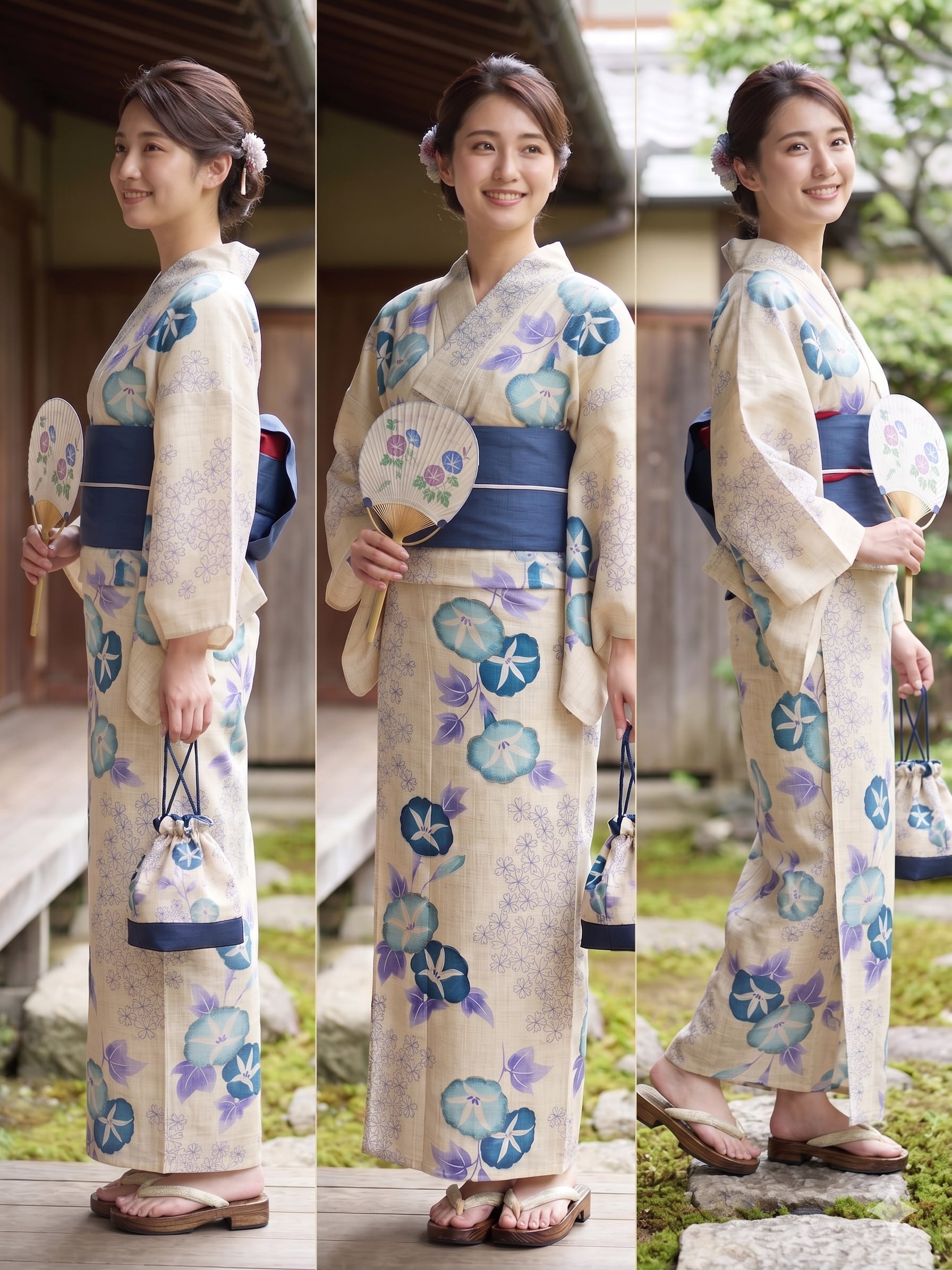 涼感・綿麻】涼やかな青い朝顔と桜模様 浴衣 単品 綿80% 麻20%（生成り