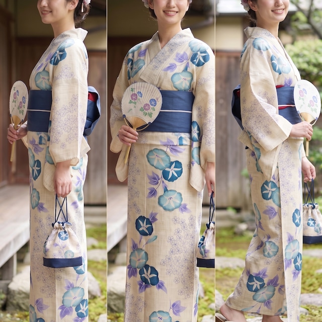 涼感・綿麻】涼やかな青い朝顔と桜模様 浴衣 単品 綿80% 麻20%(生成り 涼感・綿麻】涼やかな青い朝顔と桜模様 浴衣 単品 綿80% 麻20%(生成り