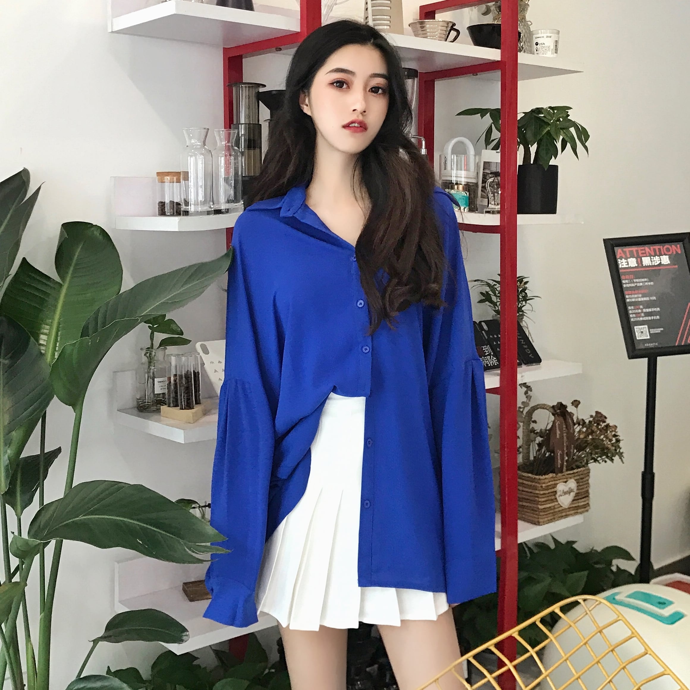 シックカラー 韓国 緩い 長袖 シャツ レッド ブルー 赤 青 トップス