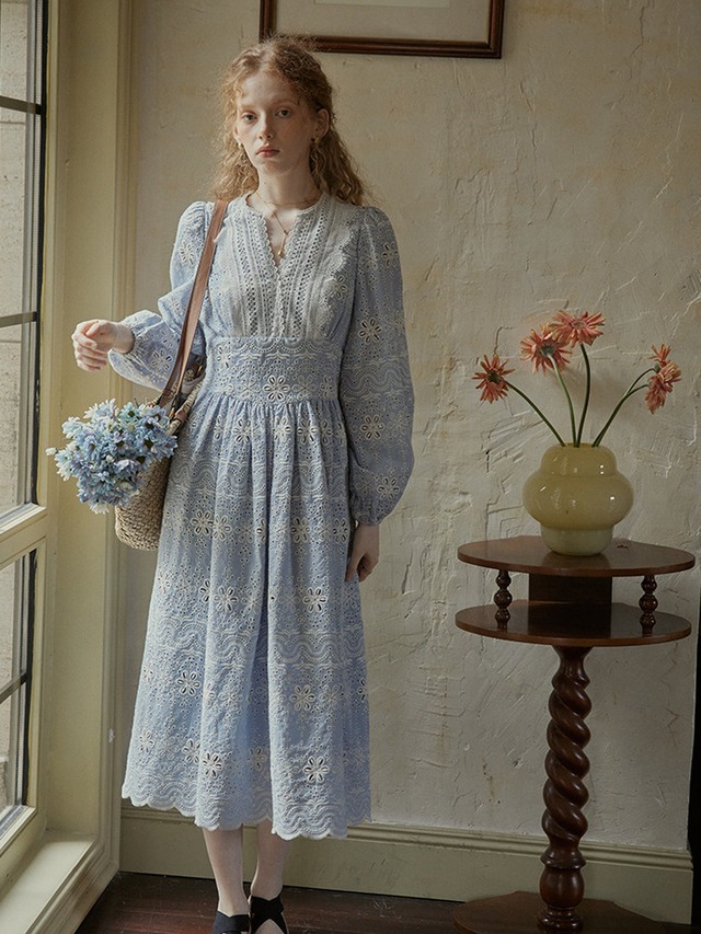 【M0022】Embroidered V Neck Dress