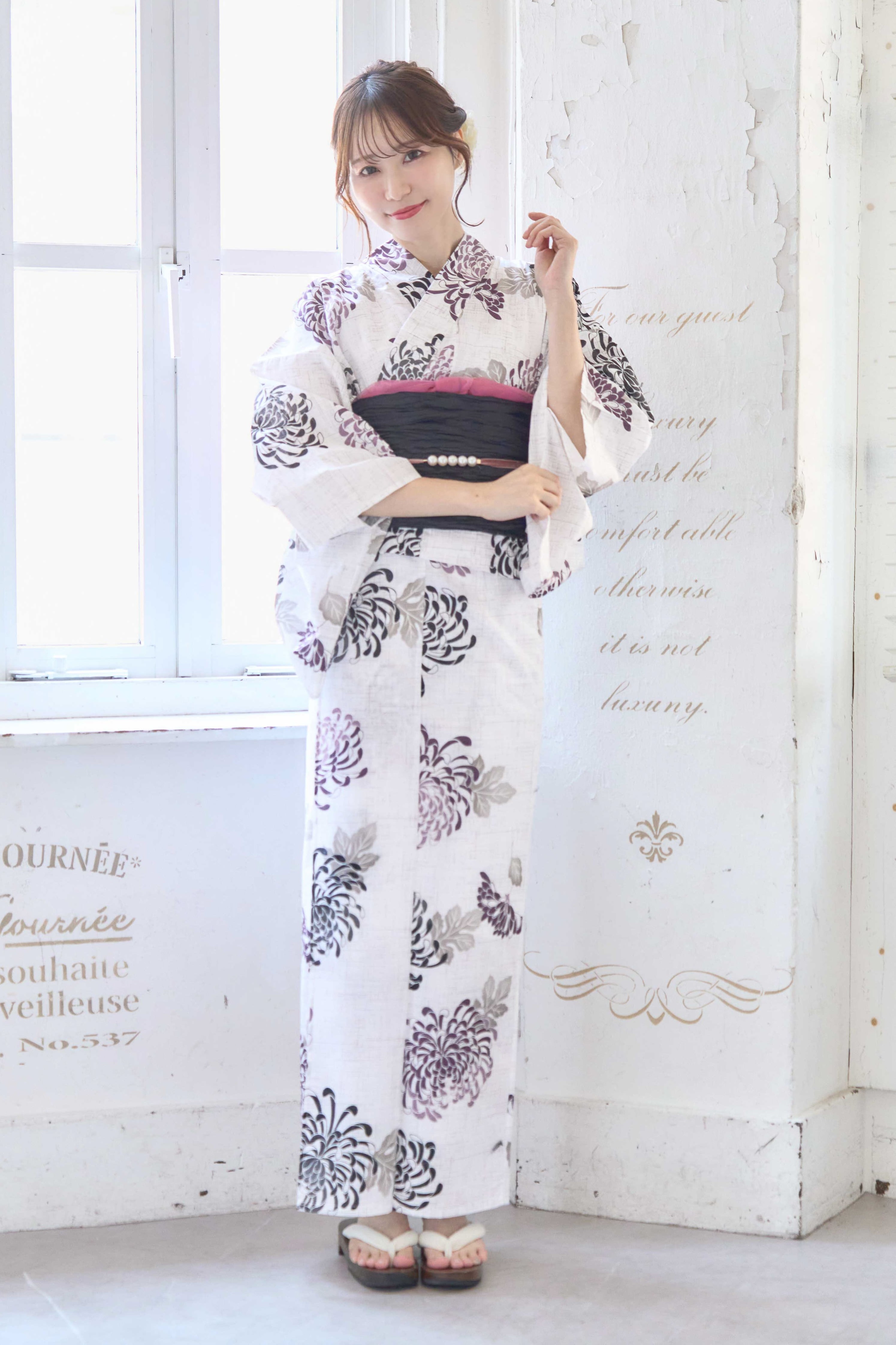 美品】デュラス 浴衣帯セット 菊グリッター 白紺の乱れ糸菊 こだわり浴衣
