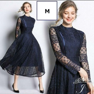 送料無料 未使用 デ－ト イベント レ－ス ミモレ丈 フレア－ ワンピース M [OPN2860]