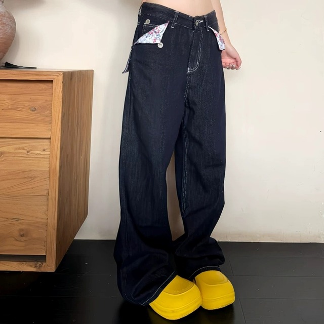 フラワーポケットシンチバックワイドラインデニムパンツ 3col R02590
