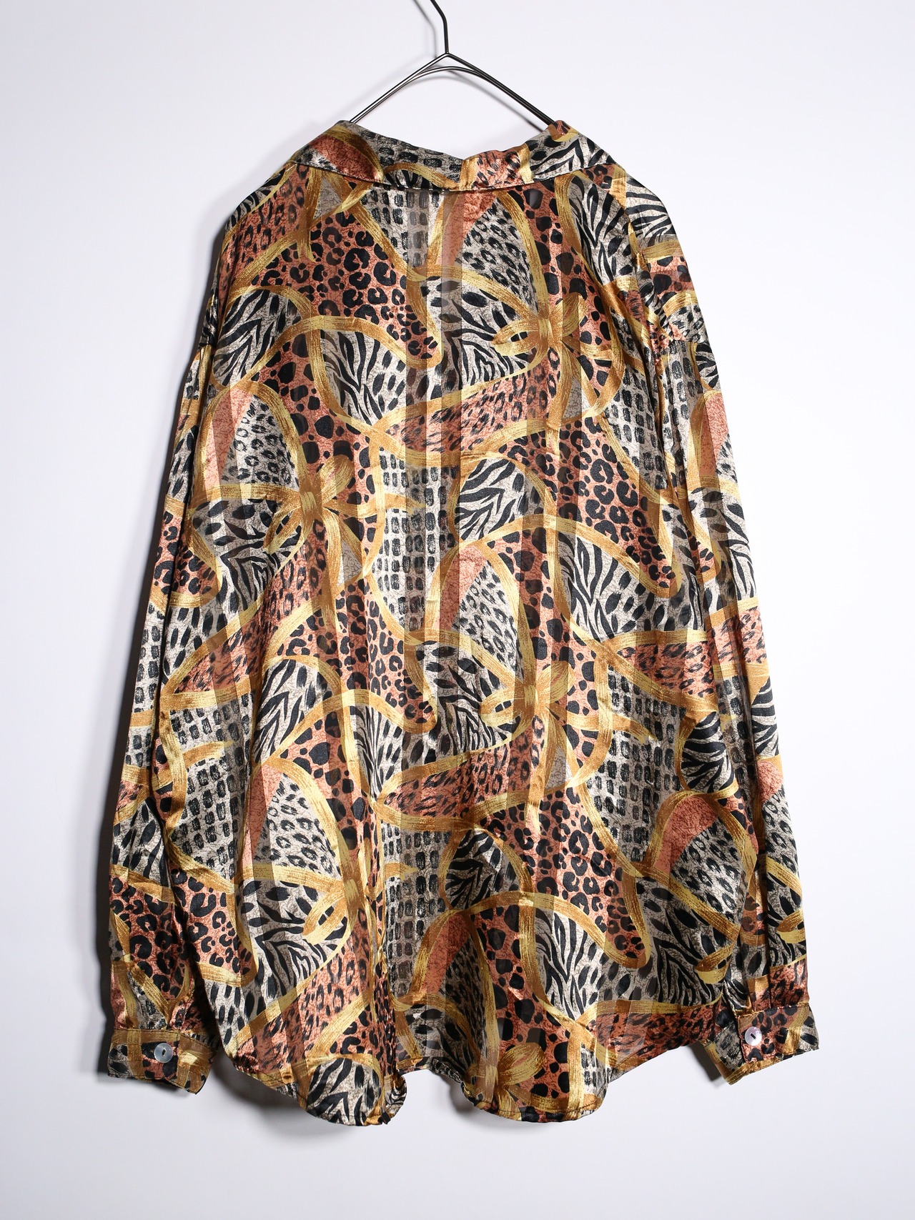 "zebra × leopard" oversize satin sheer shirt - 13