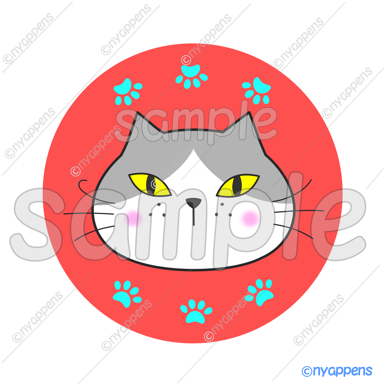 【商用利用OK】ヒゲまる猫イラスト(ハチワレ薄グレー)シールやアイコン、素材に!