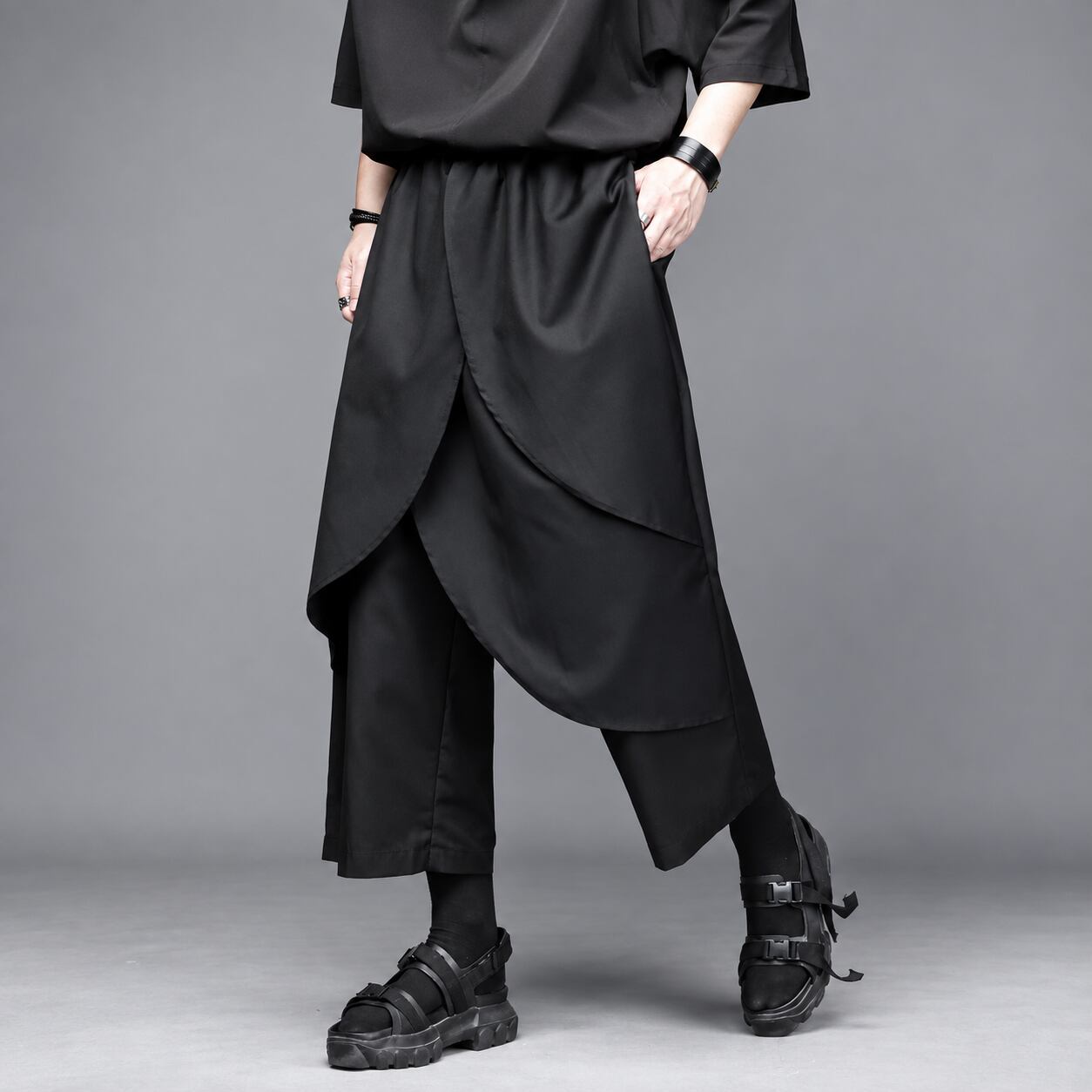 【ORV0066】Asymmetric Faux Two-Piece Culottes, Cropped Pants