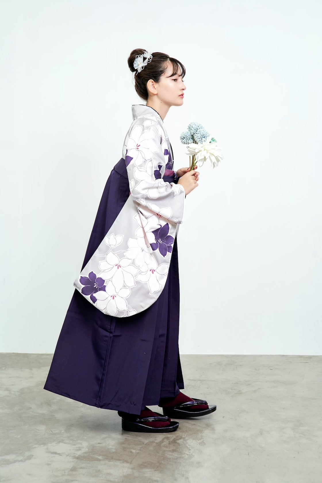 Kimono Sienne 卒業式袴3点セット グレージュ 白 紫 袴 二尺袖着物 袴 