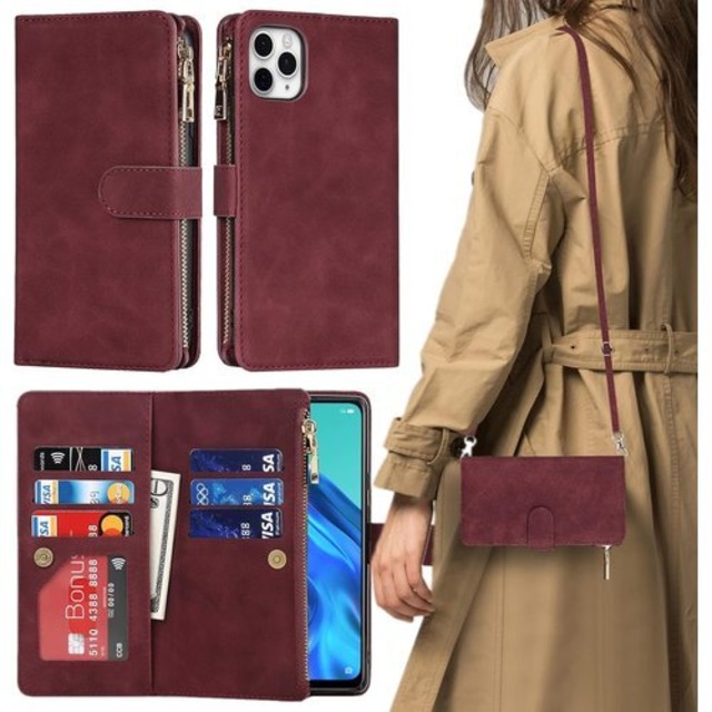 iPhone11pro Max ケース 手帳型 ショル アイホン11プロマックス 携帯ケース 11プロmax iPhone11pro max スマホケース 手帳型 適用 case iCoverCase ストラップホール付き カード収納 バッグ マグネット 留め具 肩がけ 首掛け 斜め掛け カードケース ファスナー型 ストラップ付き カバー ショルダーケース クロスボディケース カード入れ スマホケース 携帯カバー ワインレッド 1112
