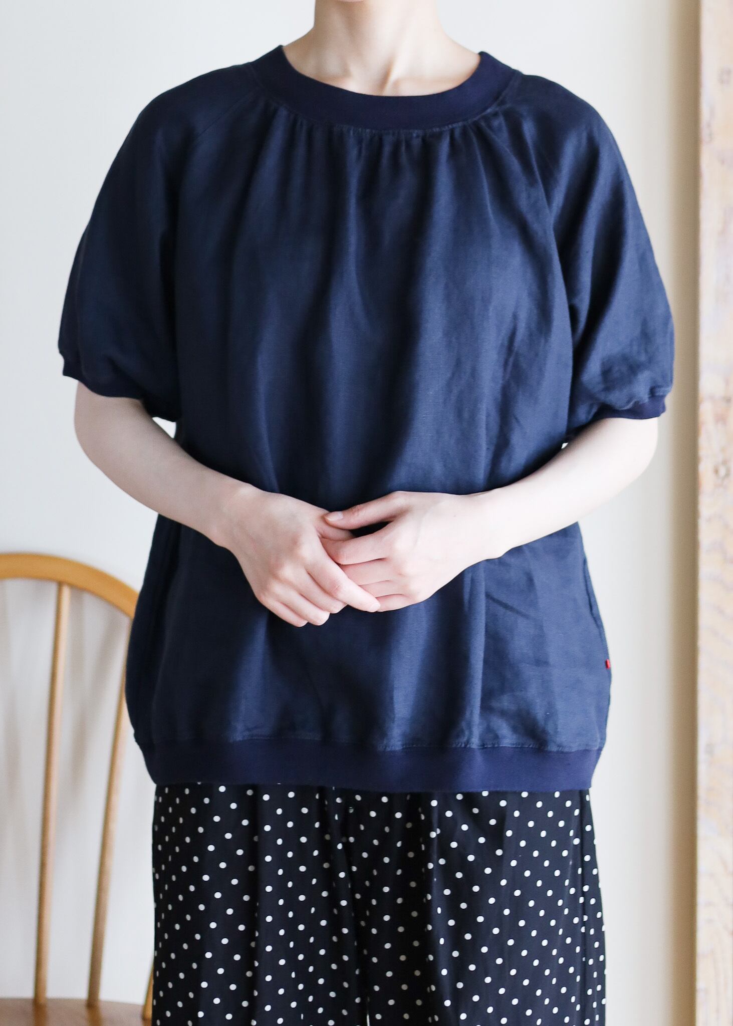 Permanent Age - リネン 5分袖ブラウス - Off White / Navy | merle
