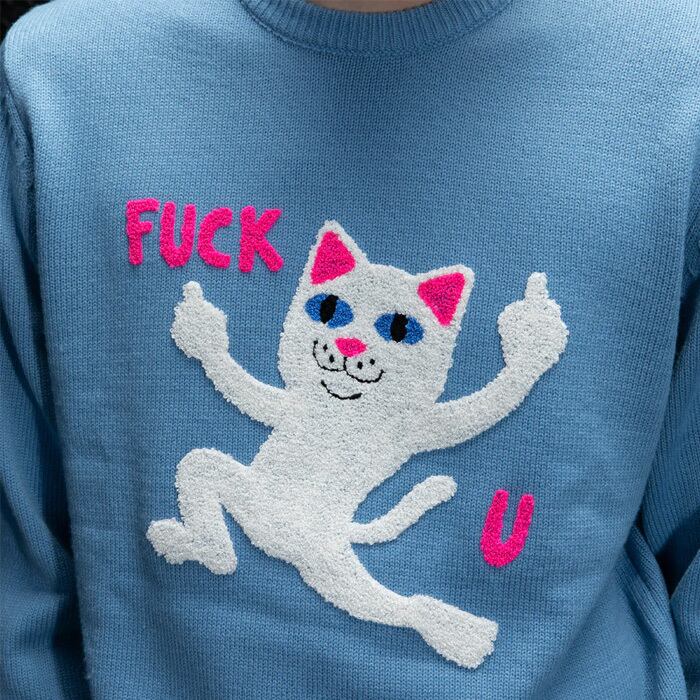 RIPNDIP F-U Knit Sweater Periwinkle リップン ディップ ストリートニットセーターキャット グラフィック メンズ  レディース ねこ 猫