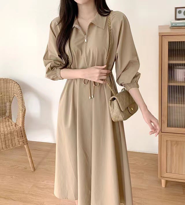 フレンチシンプル ウエストリボン付き 七分袖ロングワンピース YH8823