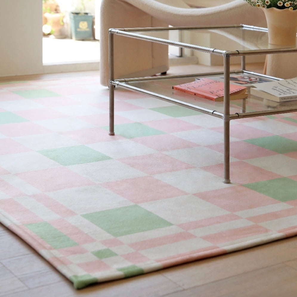vintage green pink checkerboard rug 3size / ヴィンテージ グリーン