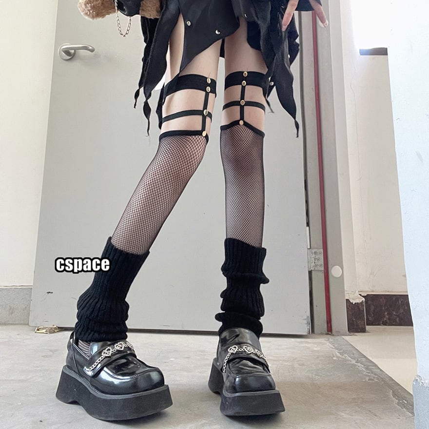サブカル系デザインストラップ付き網タイツとニットレッグウォーマー|天使と悪魔