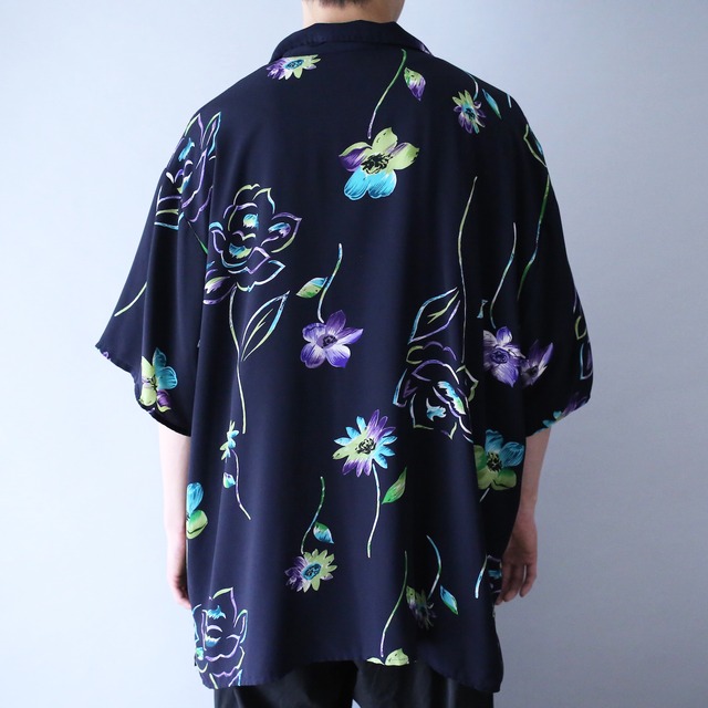 beautiful flower art pattern loose silhouette open collar h/s shirt