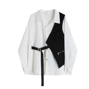 LONG SLEEVES WHITE SHIRT & ASYMMETRIC DESIGN VEST SET 2pieces 1color M-7815