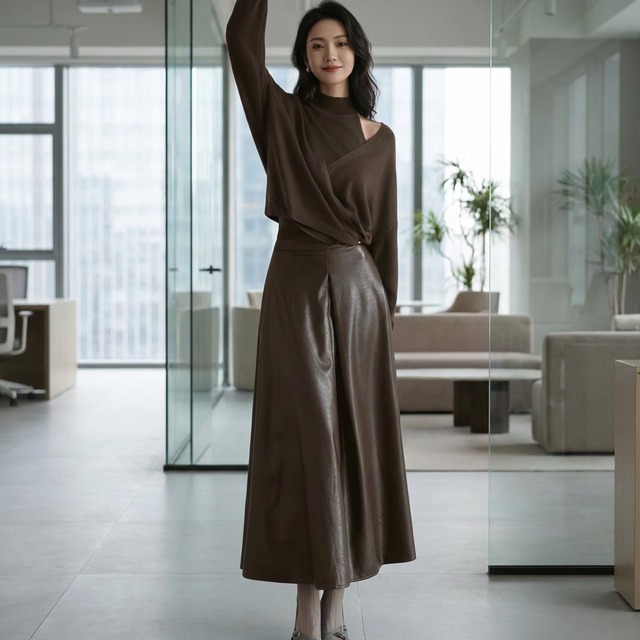 フェイクレザーフレアロングスカート A1199