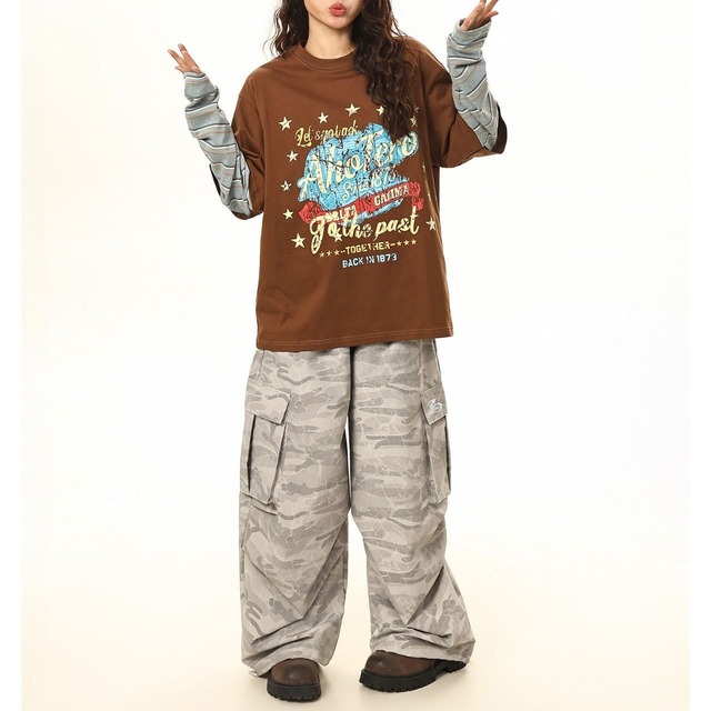 ヴィンテージライクレタリングレイヤードTシャツ 2col   R01767