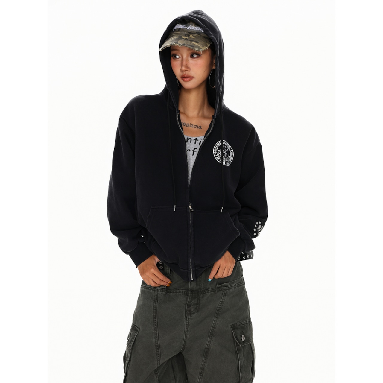 VINTAGE ストリート 国旗プリント ジップパーカー T1884