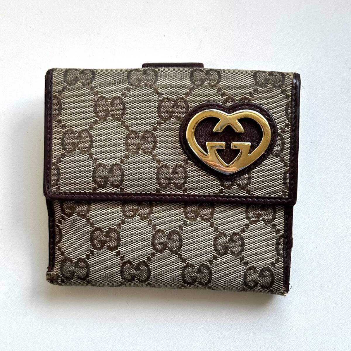 GUCCI グッチGG キャンバス 折り財布 ラブリーハート　ブラウン グッチ GUCCI 二つ折り財布 グッチシマ キャンバス ラブリーハート