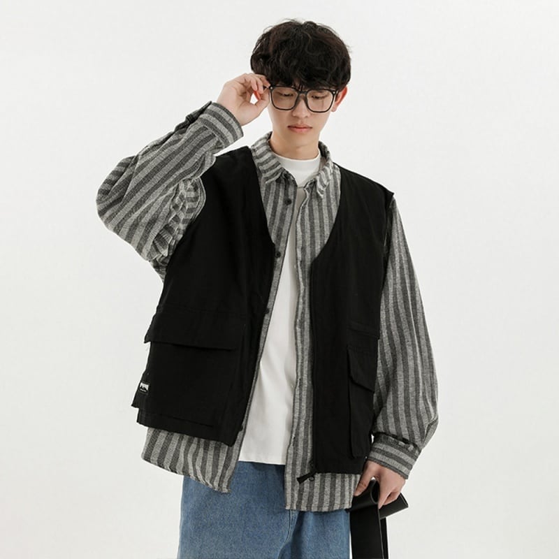 SHAPOESコットンストライプフェイクレイヤードワークジャケット