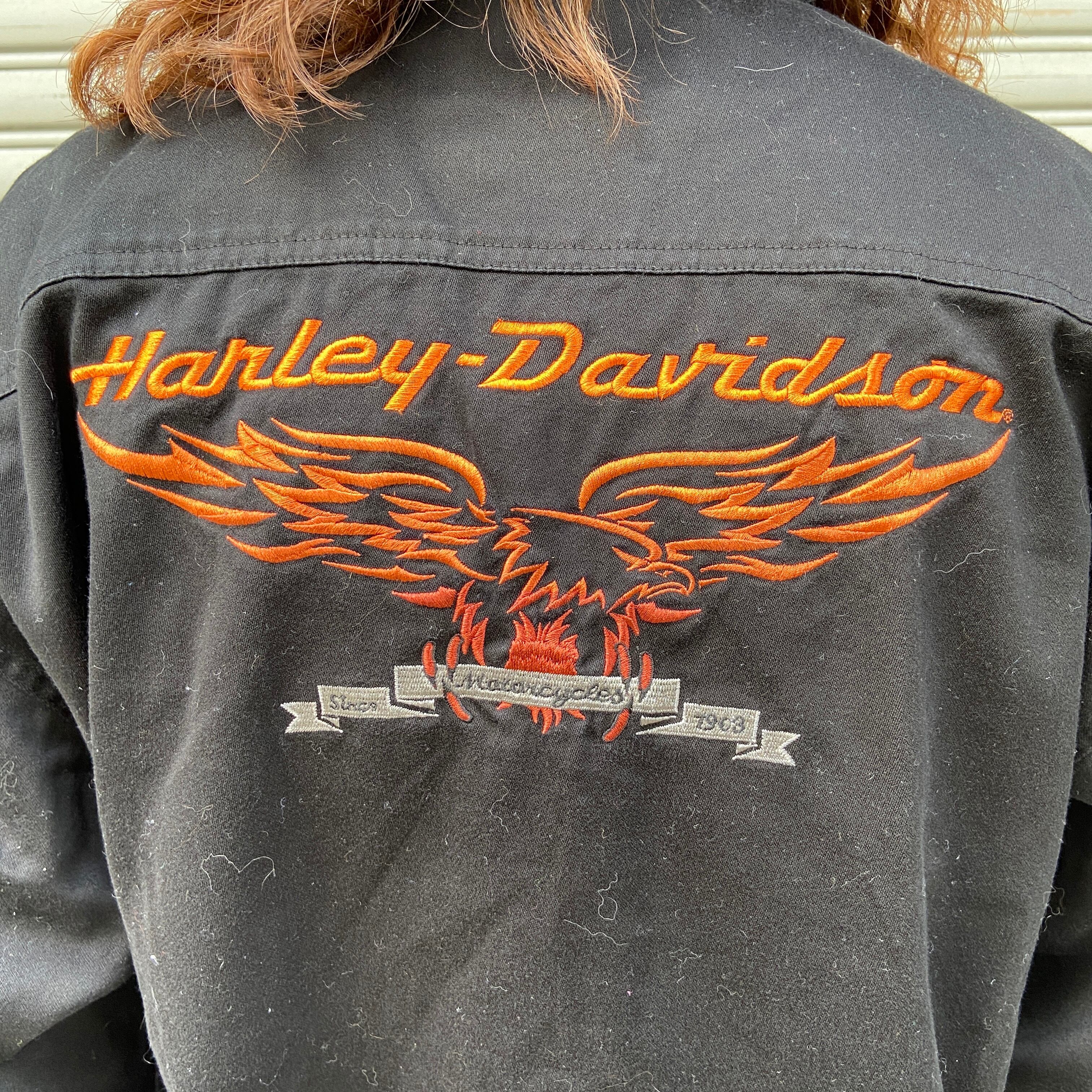 【良デザイン】90's Harley-Davidson ワークシャツ 刺繍ロゴ