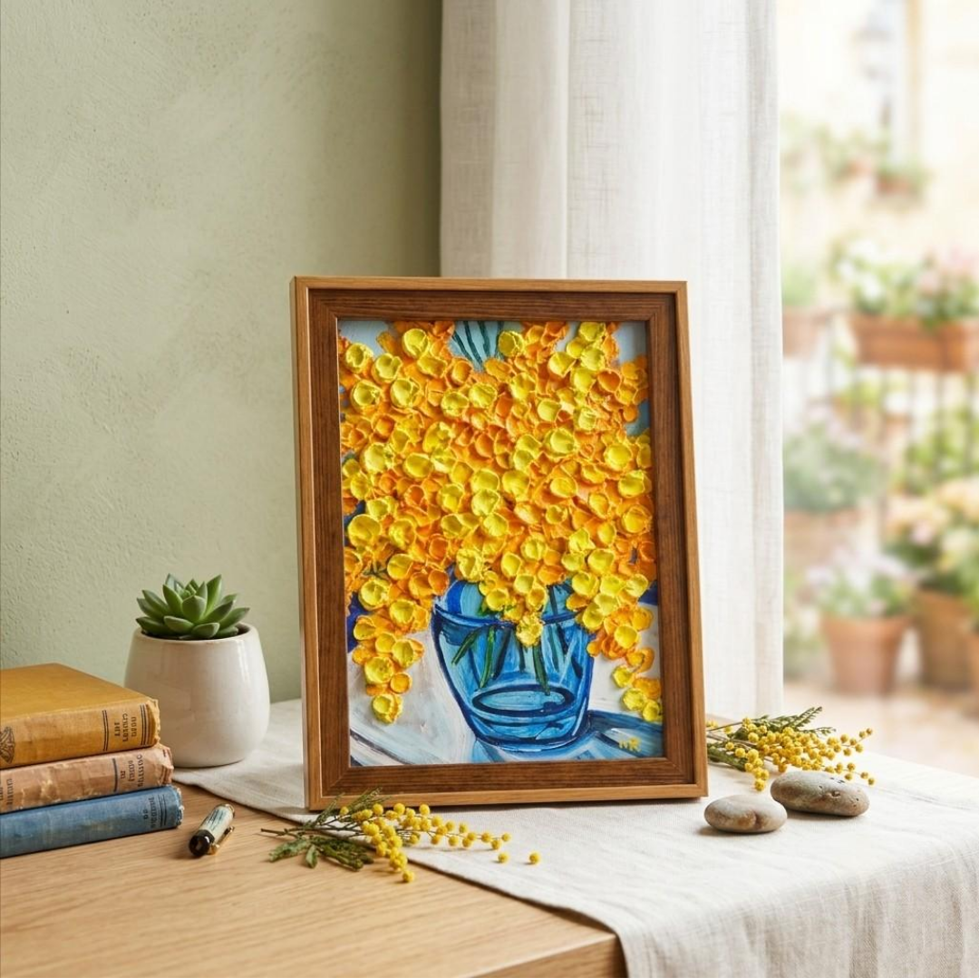 油絵 原画『春を告げるミモザ』ミモザのミニ絵画 インテリア・ギフトに
