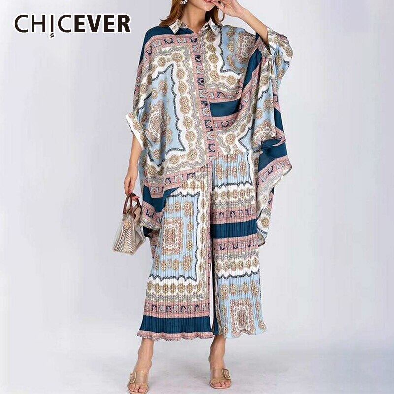 CHICEVERパッチワークツーピースセットウィメンズラペルカラーランタンスリークォーターブラウスシャーリングルーズワイドレッグパンツ2020 ワイドパンツ 6base567862914191