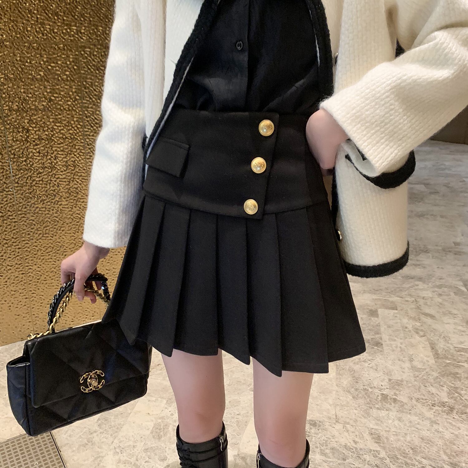 ウェストスリム薄手プリーツスカート スタンダードスタイルブラック レトロ 6Du_Shop_Women7668140049