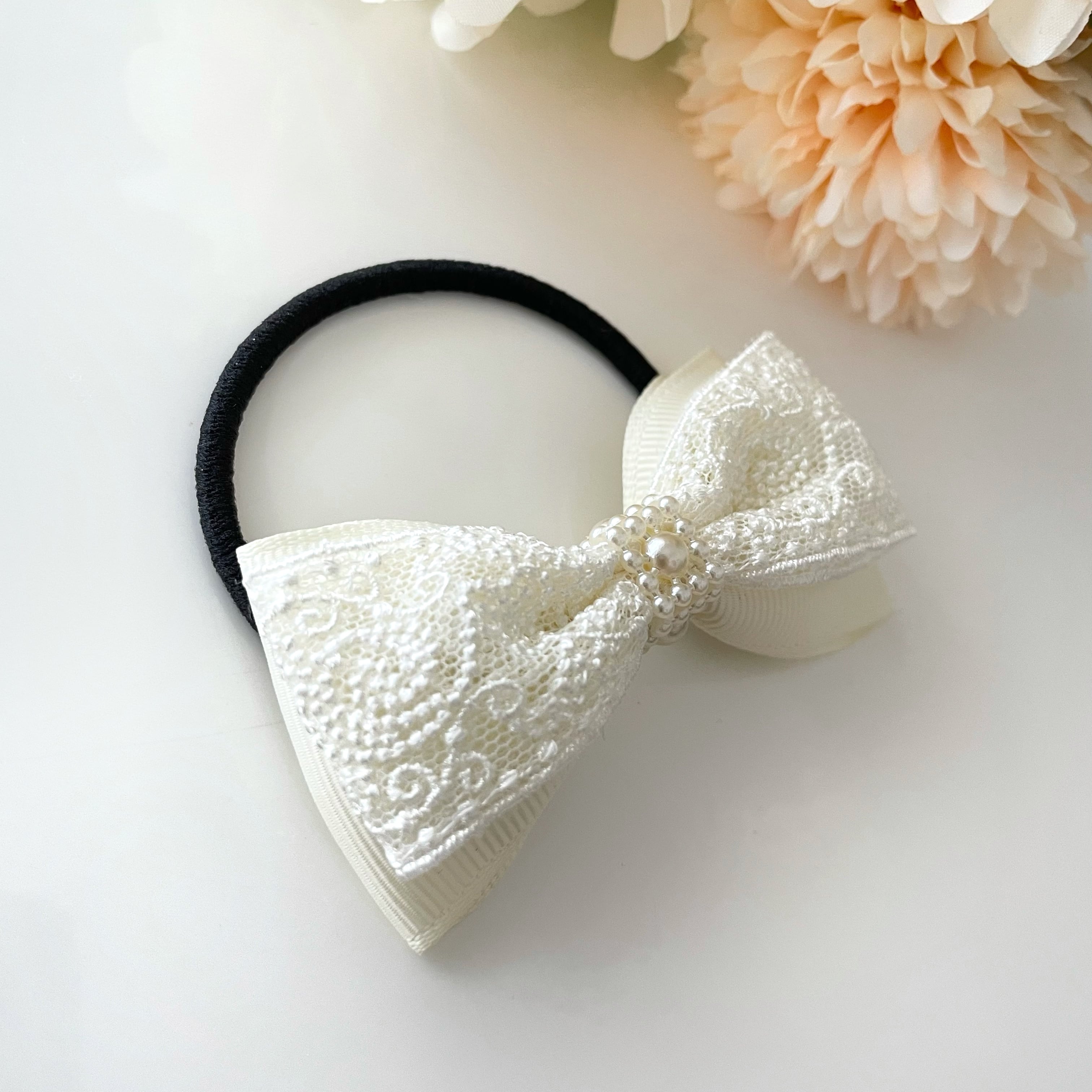ヘアリボン】パール レース 白 キッズ フォーマル ヘアゴム ヘア
