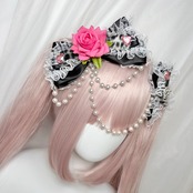♡【全5色】姫GAL 薔薇付き パールチェーンフリルリボンヘアクリップ vivid pink ♡