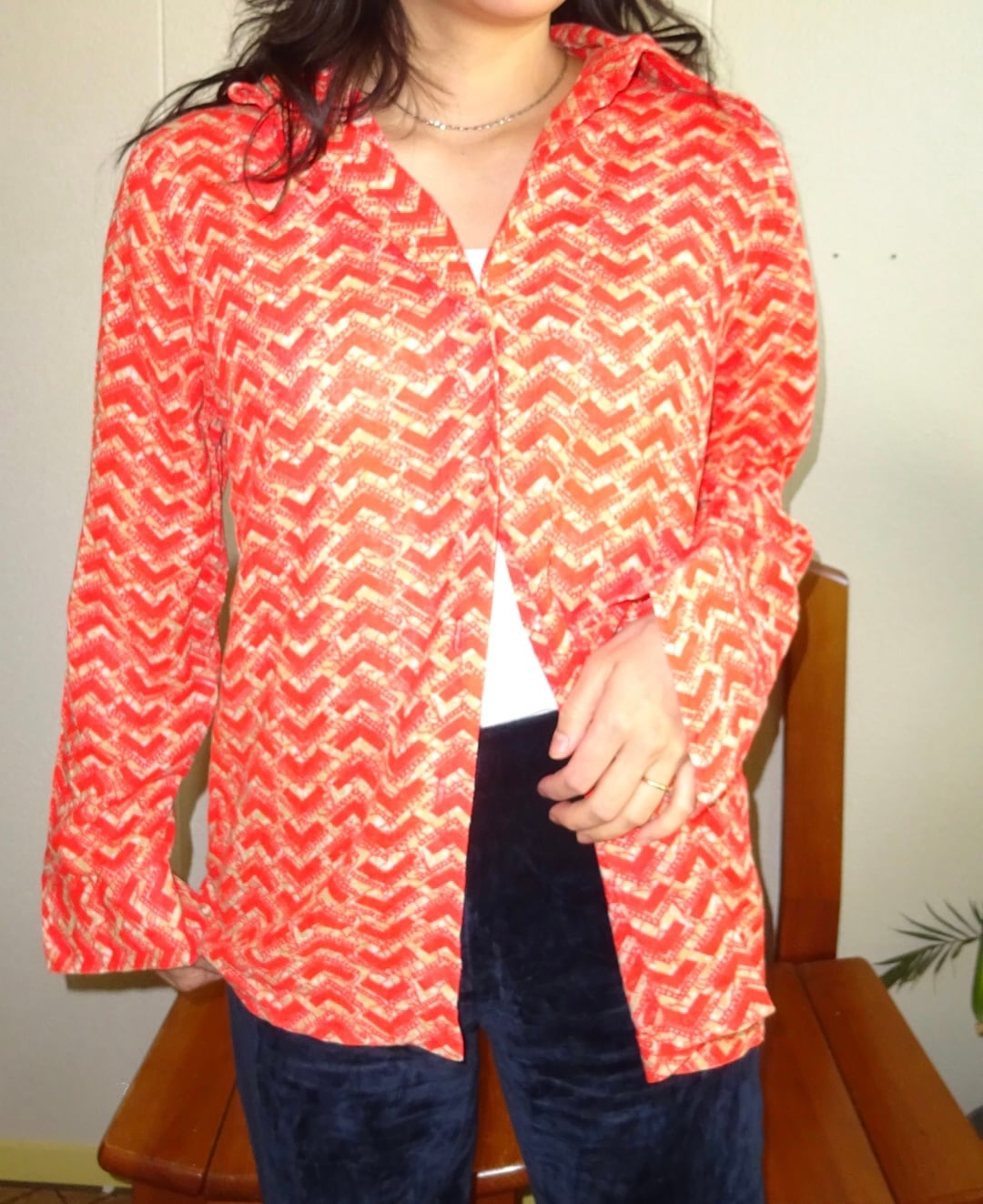 1970s Red Geometric Print Sheer Vintage Shirt